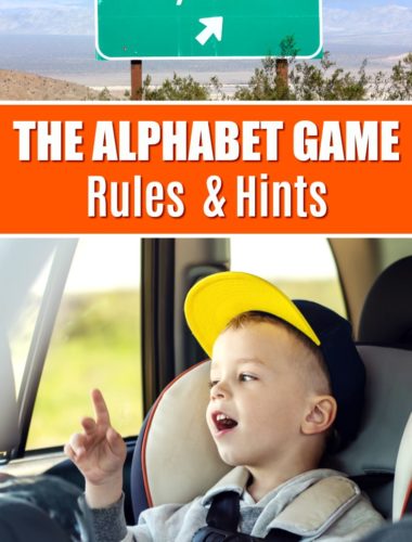 image of toddler pointing out window as he plays the alphabet game during a road trip and a sign that says Zzyzx Rd