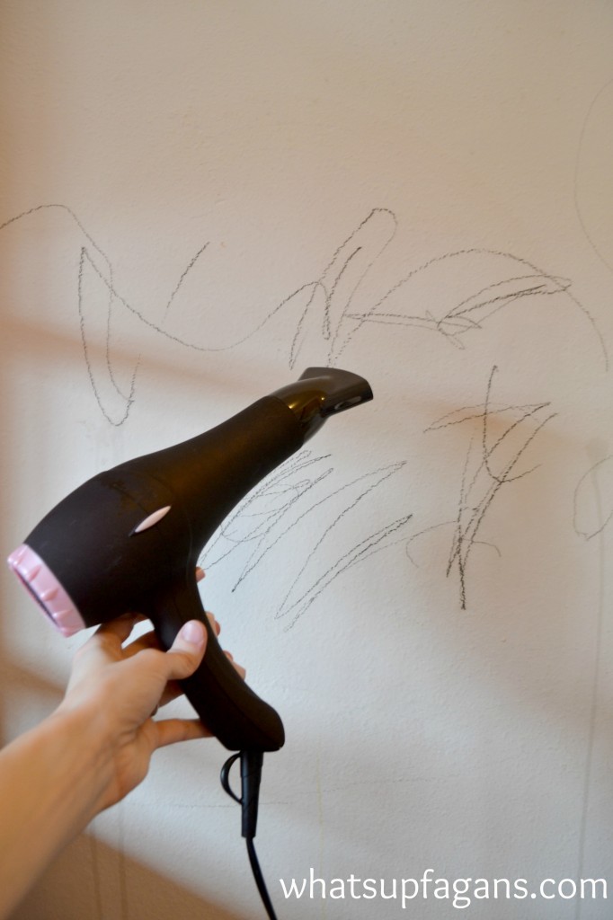 Cleaning crayons off walls with blow dryer