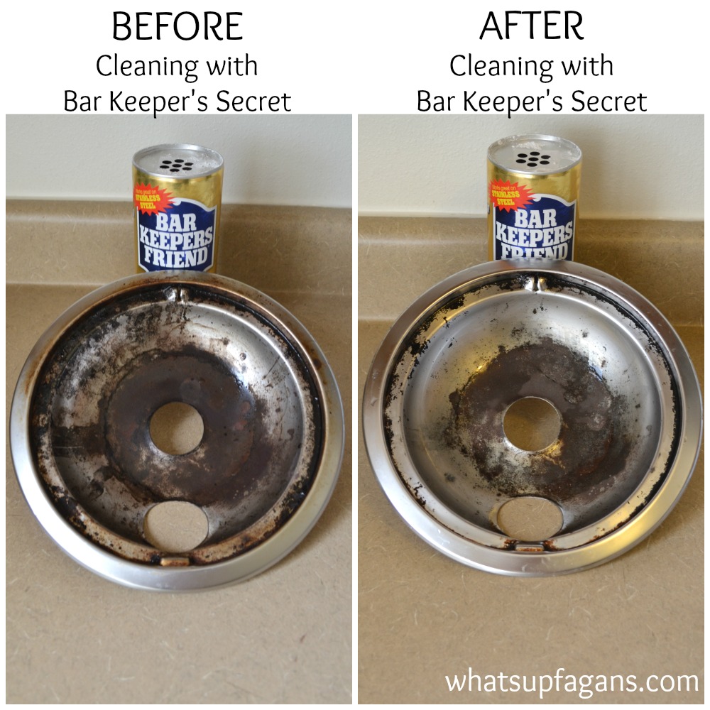 Before and After: Cleaning stove burner drip pans with Bar Keeper's Friend. | whatsupfagans.com