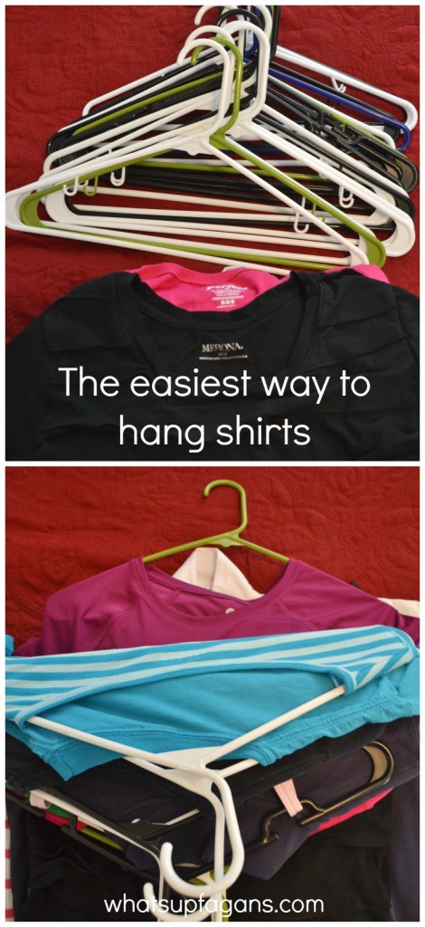 how to do laundry fast - how to get laundry done faster | Lay your shirts to be hung on the bed with hangers, and then slip them in the neck! Easiest way to hang up shirts! 