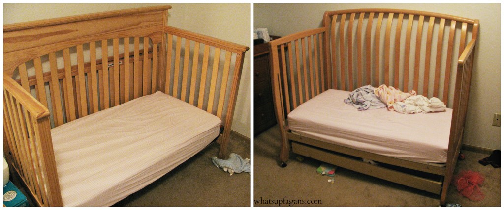 transitioning twins to toddler beds - taking off the front of a crib to make into a toddler bed for twin girls.
