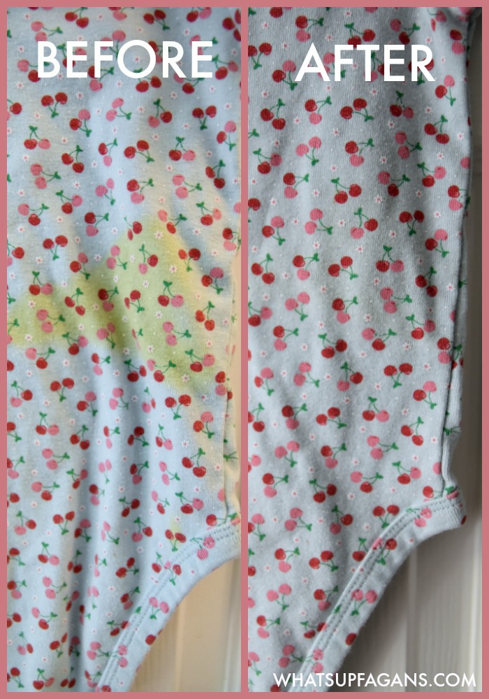 DIY green free laundry stain removal method for baby poop stains. Awesome before and after! 