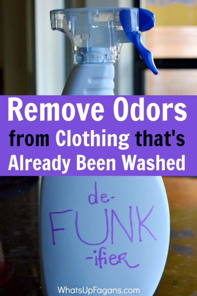 The MOST amazing way to remove odor from clothes, especially when clothes smell after washing! This DIY De-FUNK-ifier solution works great for laundry smells!