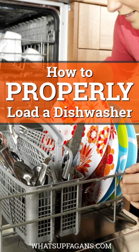 woman loading a dishwasher with text overlay "how to properly load a dishwasher"