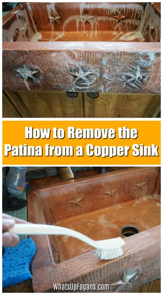dirty copper sink being cleaned with copper sink cleaner in order to remove the copper patina