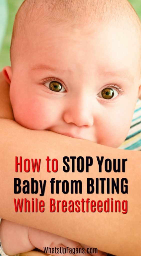 Closeup of baby biting arm of mother with text that says "how to stop your baby from biting while breastfeeding"
