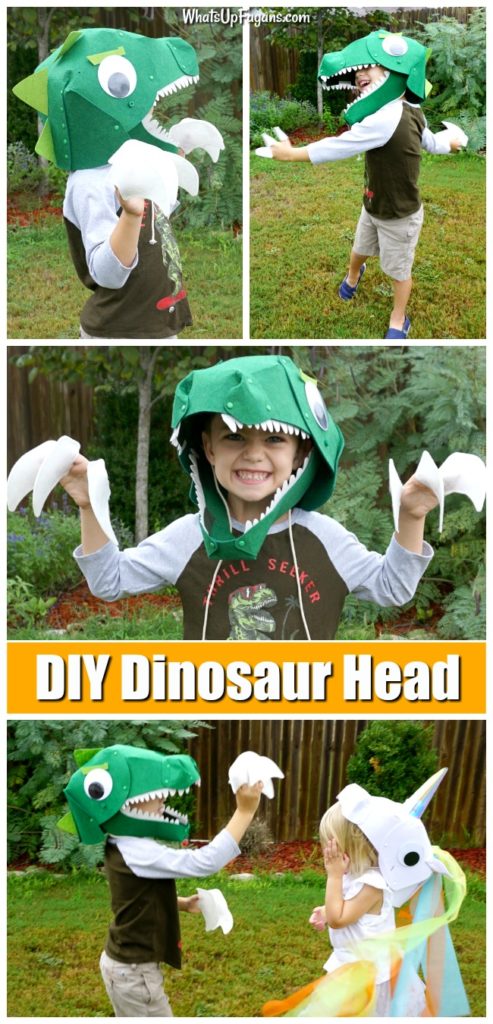 young boy wearing a homemade t rex costume that is a felt dinosaur head and has felt claws