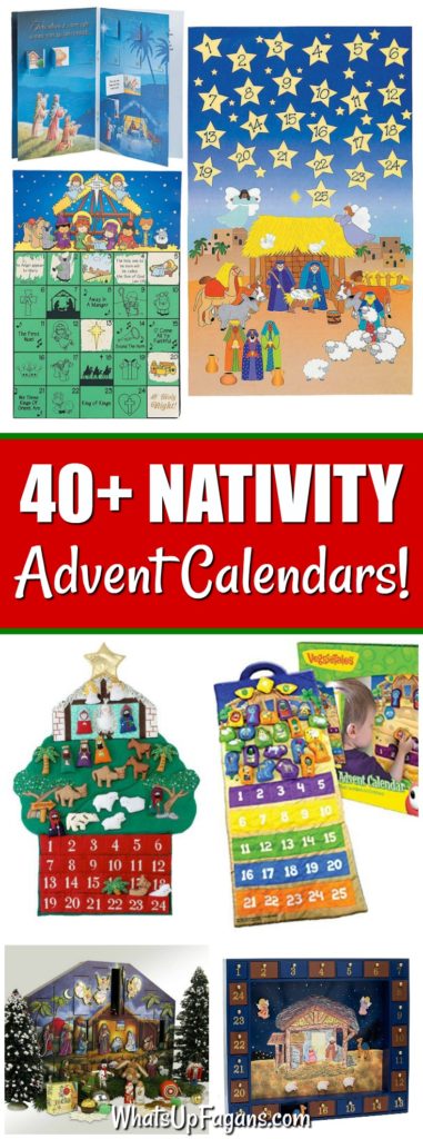 Collage image of nativity advent calendars that are religious advent calendars or Christian advent calendars, perfect for helping kids countdown to Christmas by focusing on the birth of Jesus Christ