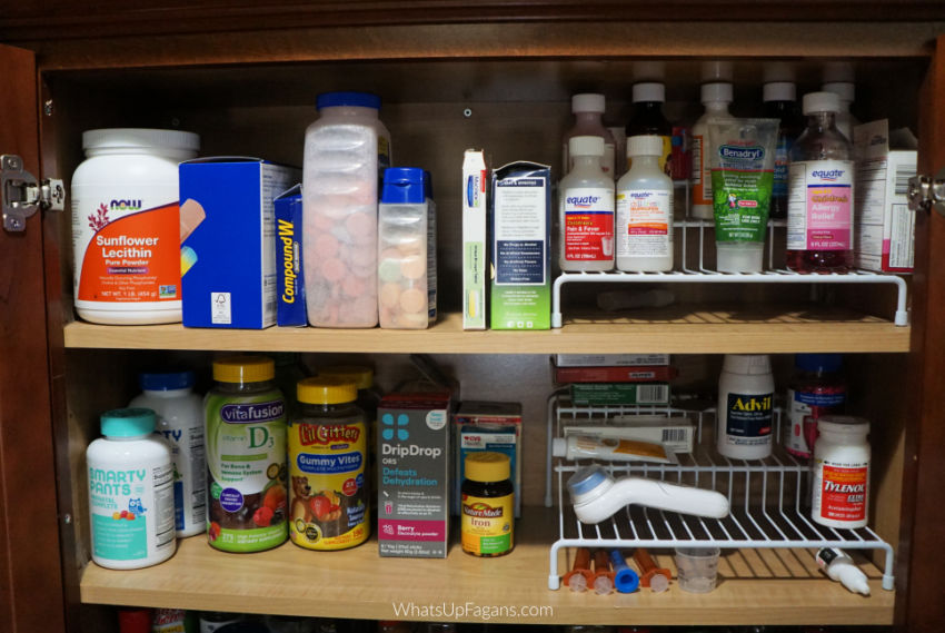 organizing spice cupboard and medicine cabinet