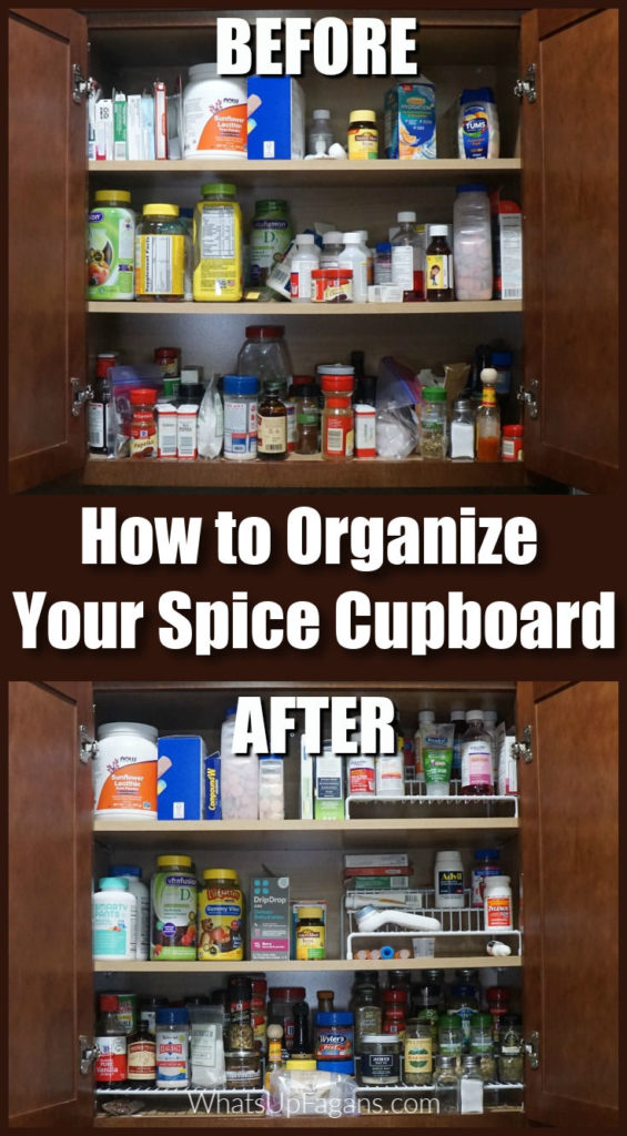 how to organize your spice cabinet - before and after shot for organizing spice cupboard in kitchen