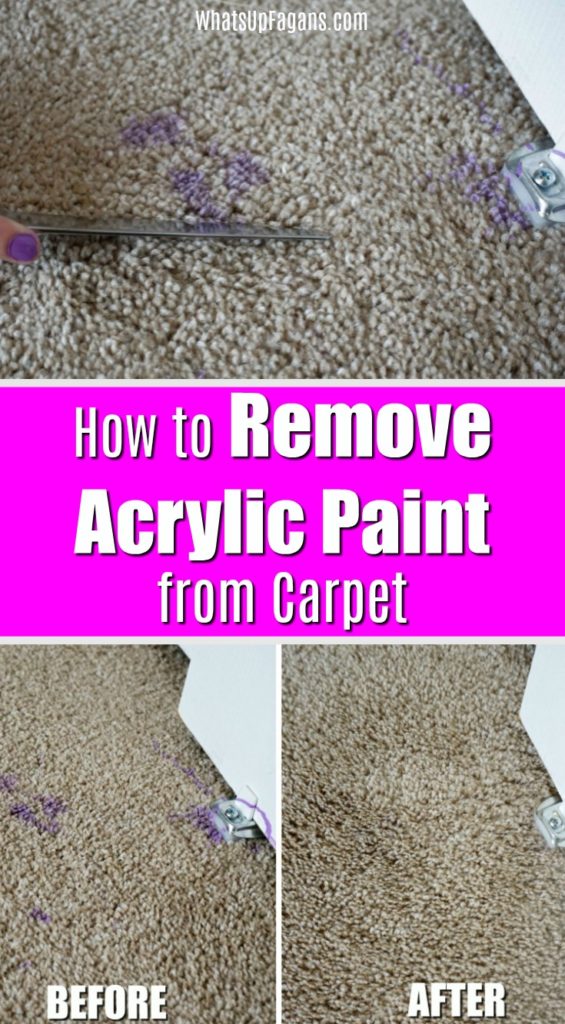 Pin image for how to remove acrylic paint from carpet with images of someone trying to remove dry acrylic paint from carpet and a before and after image of the removed acrylic paint from carpet