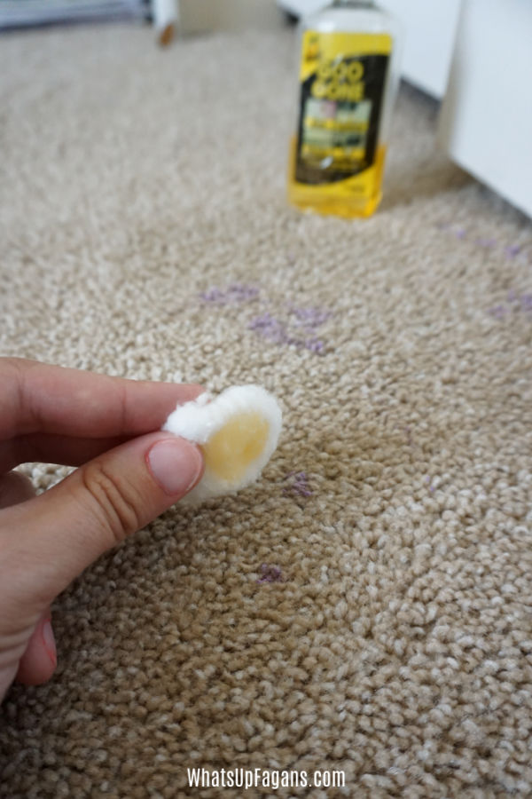 a hand holding a cotton ball with Goo Gone on it as they try to see if it will remove acrylic paint from carpet