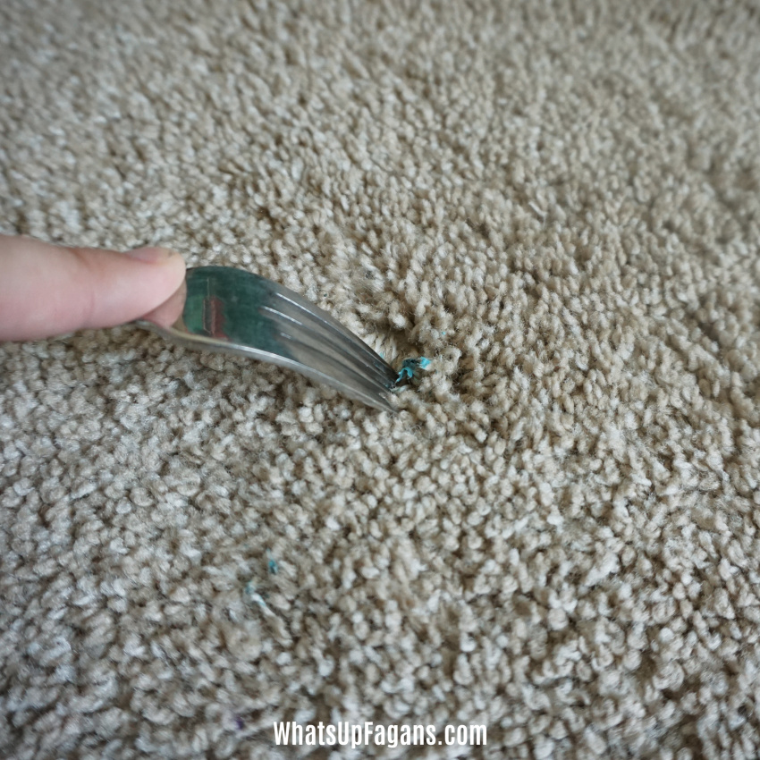 how to remove mounting putty from carpet with a fork, showing how easy it is to remove sticky tack from carpet