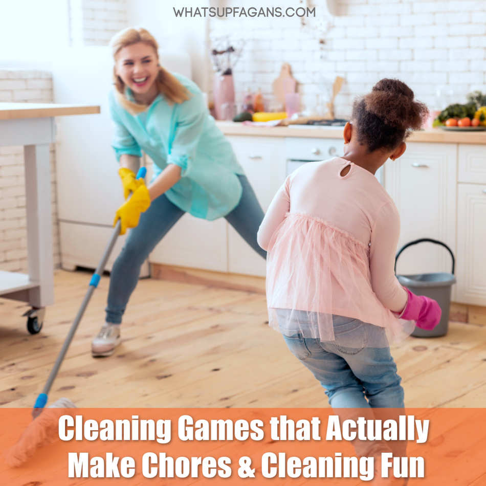 mother and daughter engaging in cleaning games for kids in order to figure out how to make chores fun