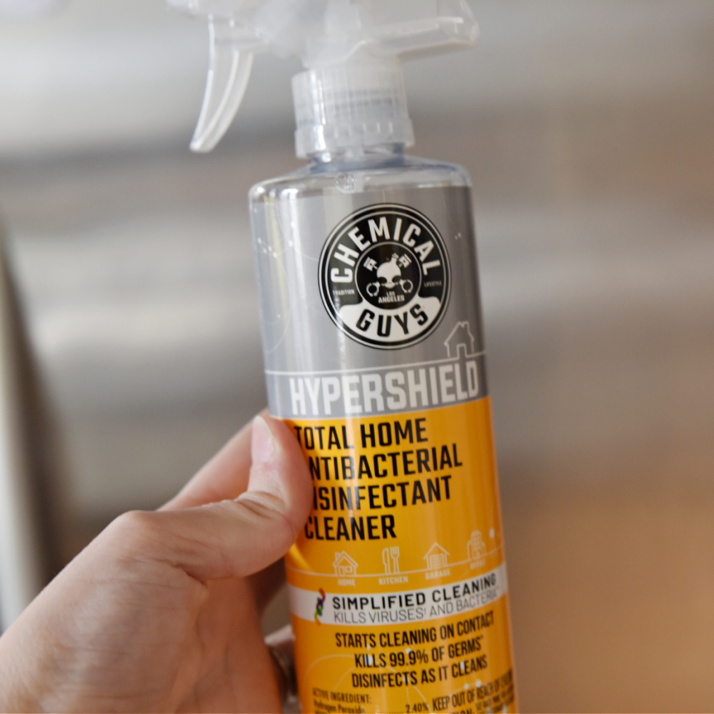 Close up shot of the outside of the  Hypershield total home antibacterial disinfectant cleaner spray from The Chemical Guys bottle